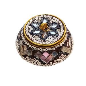 Vintage Trinket Pill Dish Purple Glitter Mirrored & Beaded Made In India